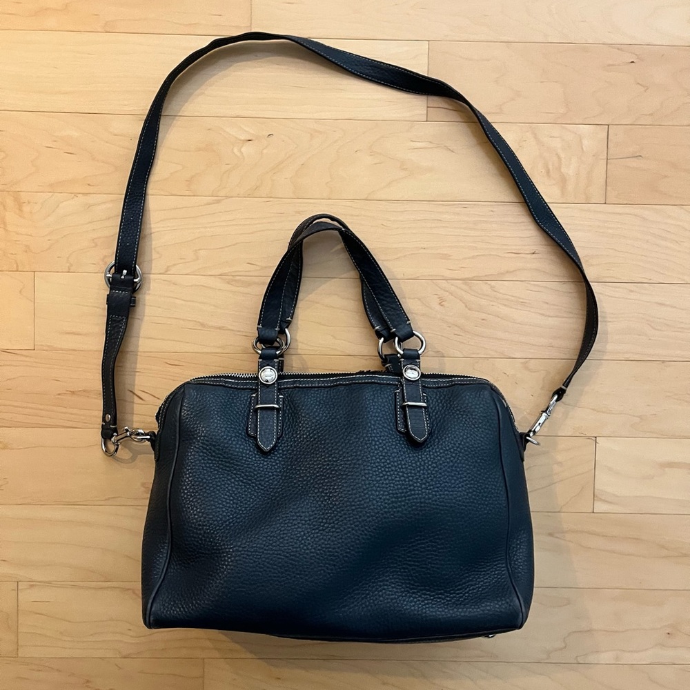 Coach Pebbled Navy Leather Satchel Bag with Crossbody Strap Double Handles $80